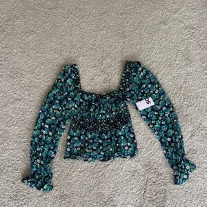 SO Floral Smocked Square-Neck Top in Green and Blue